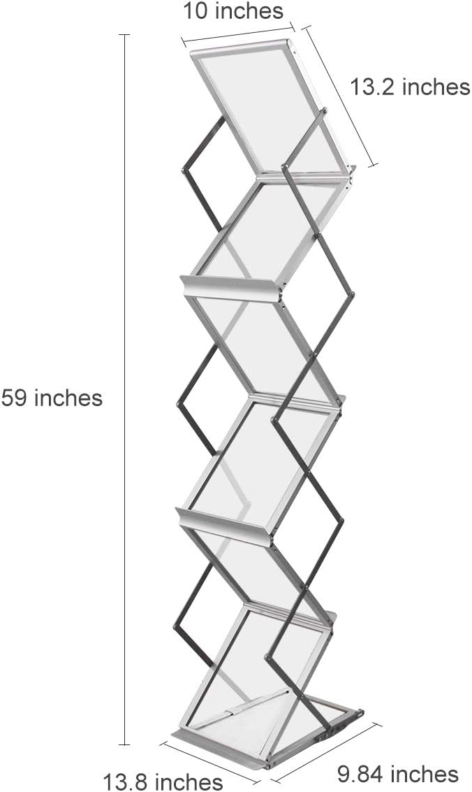 HUAZI Foldable Aluminum Magazine Rack, Portable Pop-up Display Stand, 6 Pockets, A4 Size, for Trade Shows, Office, Retail Store