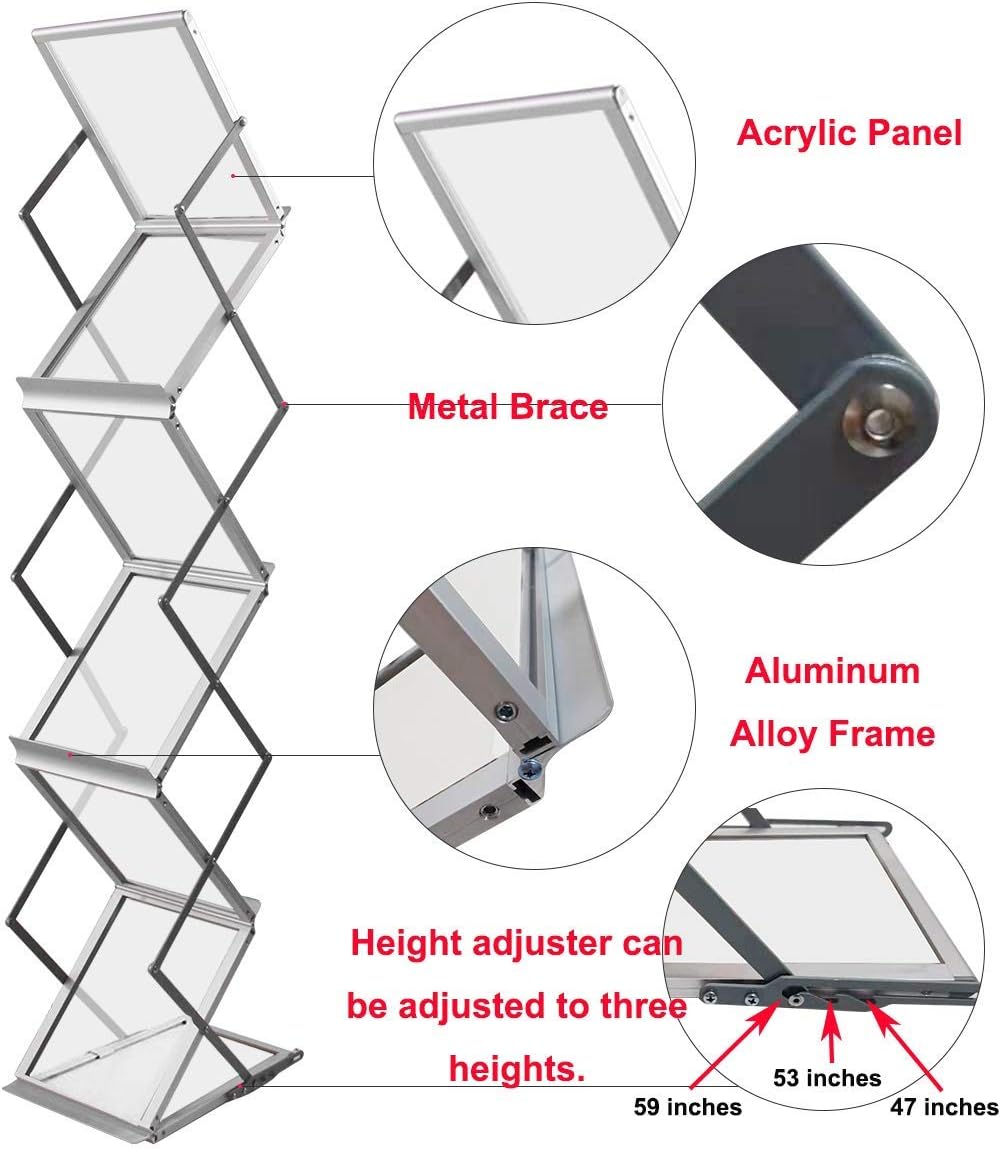 HUAZI Foldable Aluminum Magazine Rack, Portable Pop-up Display Stand, 6 Pockets, A4 Size, for Trade Shows, Office, Retail Store