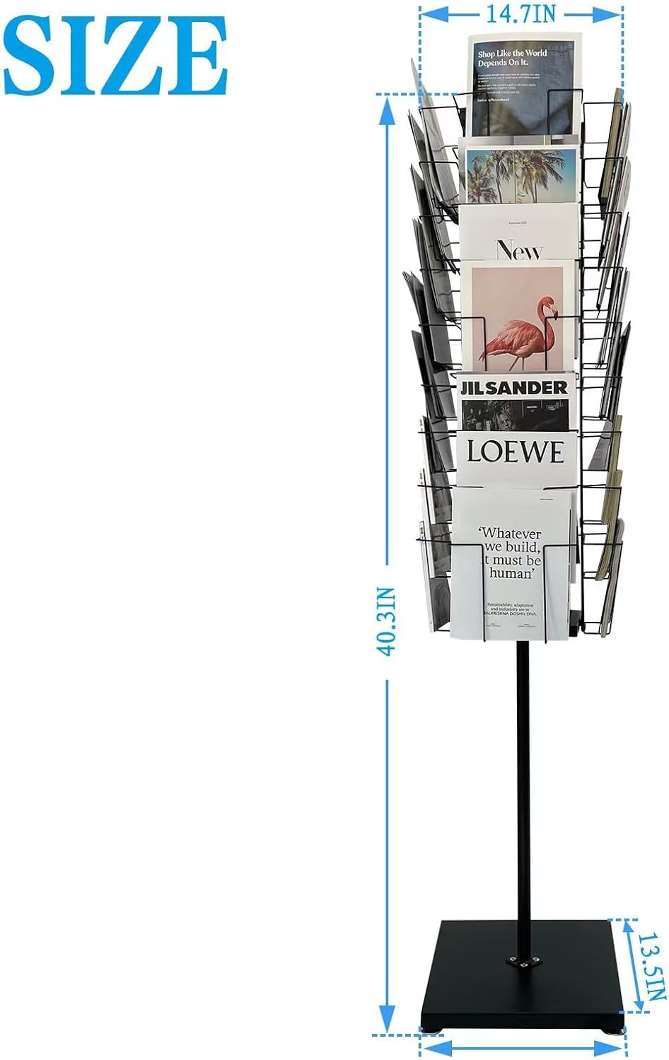 TONGMO 36-Pocket Rotating Magazine Rack Stand, Floor Spinner Display for Magazines, Comic Books, Brochures, A4 Organizer for Office, Bookstore, Home, Reception