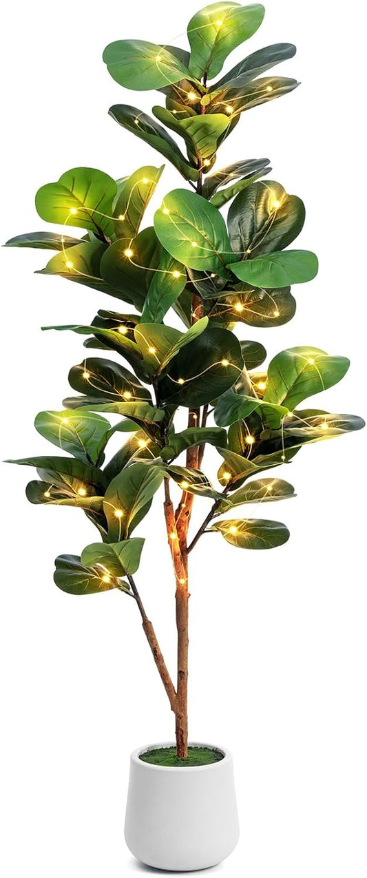 5ft Artificial Fiddle Leaf Fig Tree with LED Fairy Lights & White Planter - Lifelike Faux Ficus Lyrata Plant with Natural Trunk for Home Office Living Room Bathroom Corner Decor Indoor Outdoor
