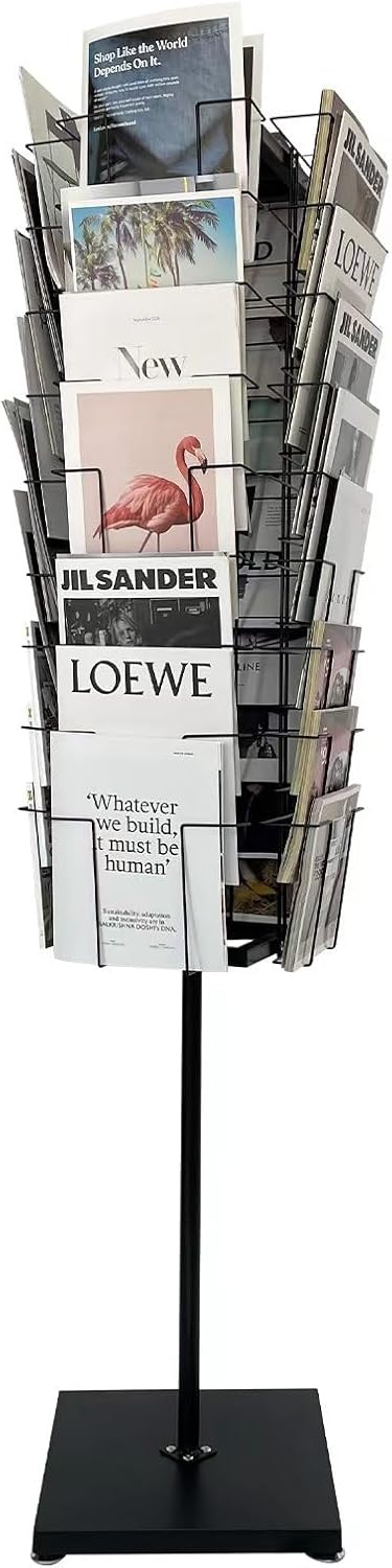 TONGMO 36-Pocket Rotating Magazine Rack Stand, Floor Spinner Display for Magazines, Comic Books, Brochures, A4 Organizer for Office, Bookstore, Home, Reception