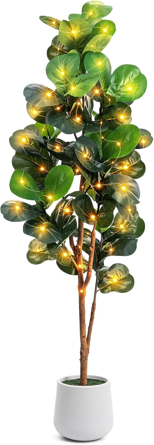 5ft Artificial Fiddle Leaf Fig Tree with LED Fairy Lights & White Planter - Lifelike Faux Ficus Lyrata Plant with Natural Trunk for Home Office Living Room Bathroom Corner Decor Indoor Outdoor