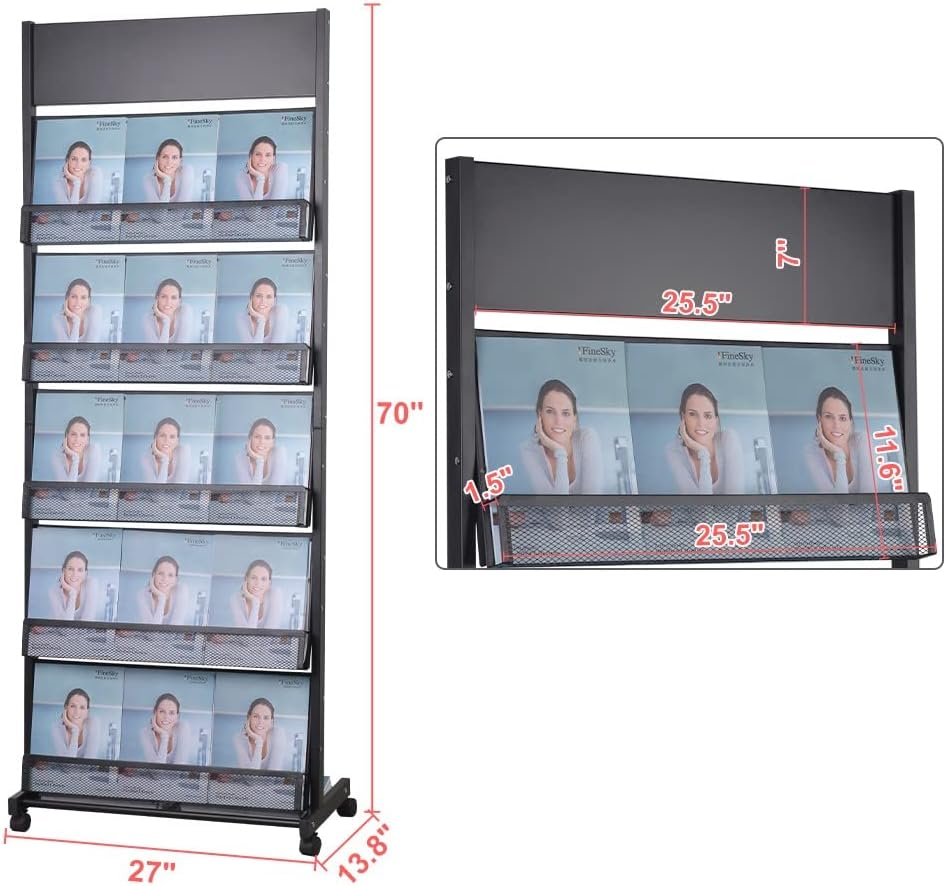 floor magazine rack brochure display stand for offices and public reception area,literature rack with 4 Universal wheels (70"×27×13.8")