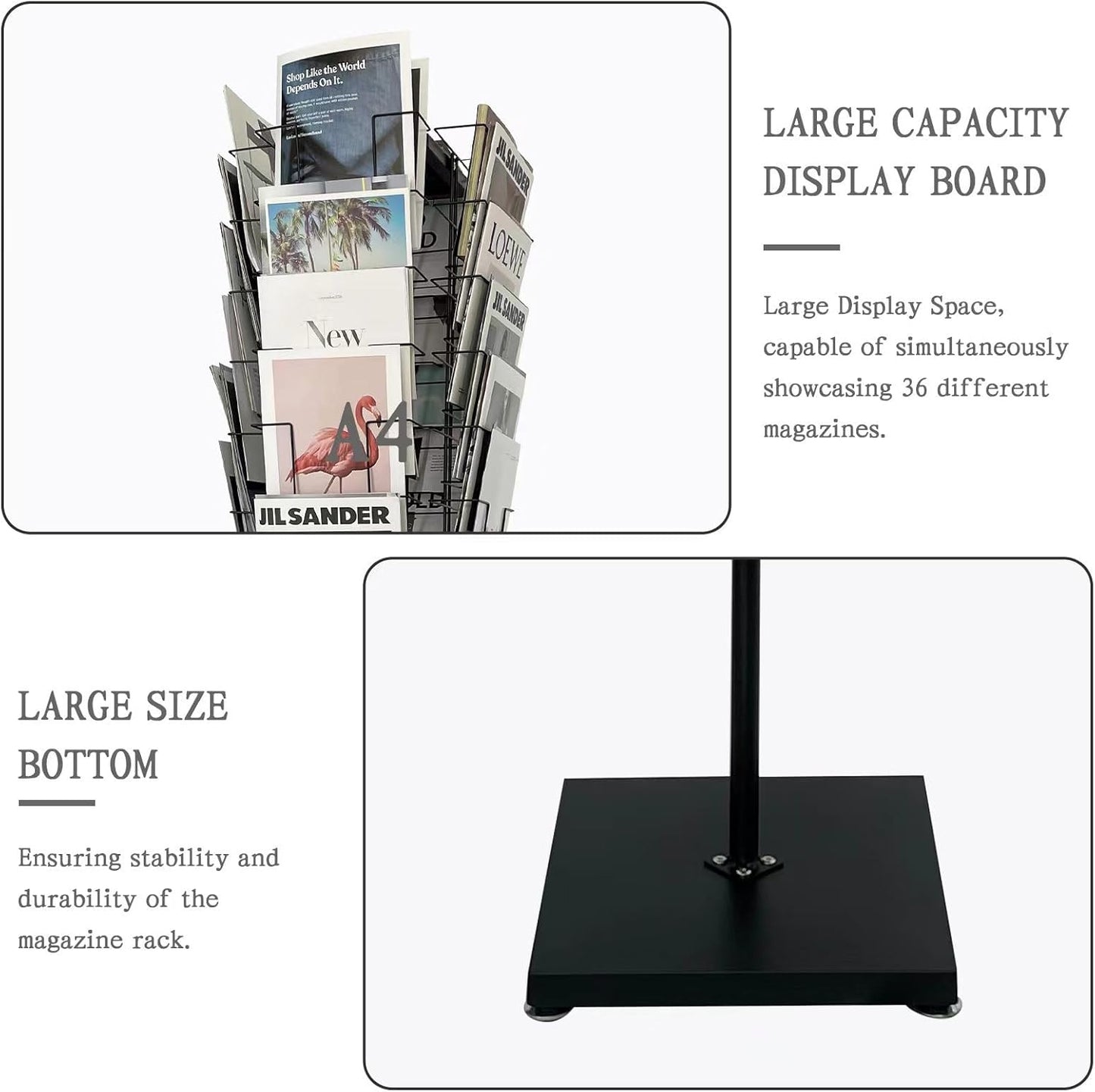TONGMO 36-Pocket Rotating Magazine Rack Stand, Floor Spinner Display for Magazines, Comic Books, Brochures, A4 Organizer for Office, Bookstore, Home, Reception