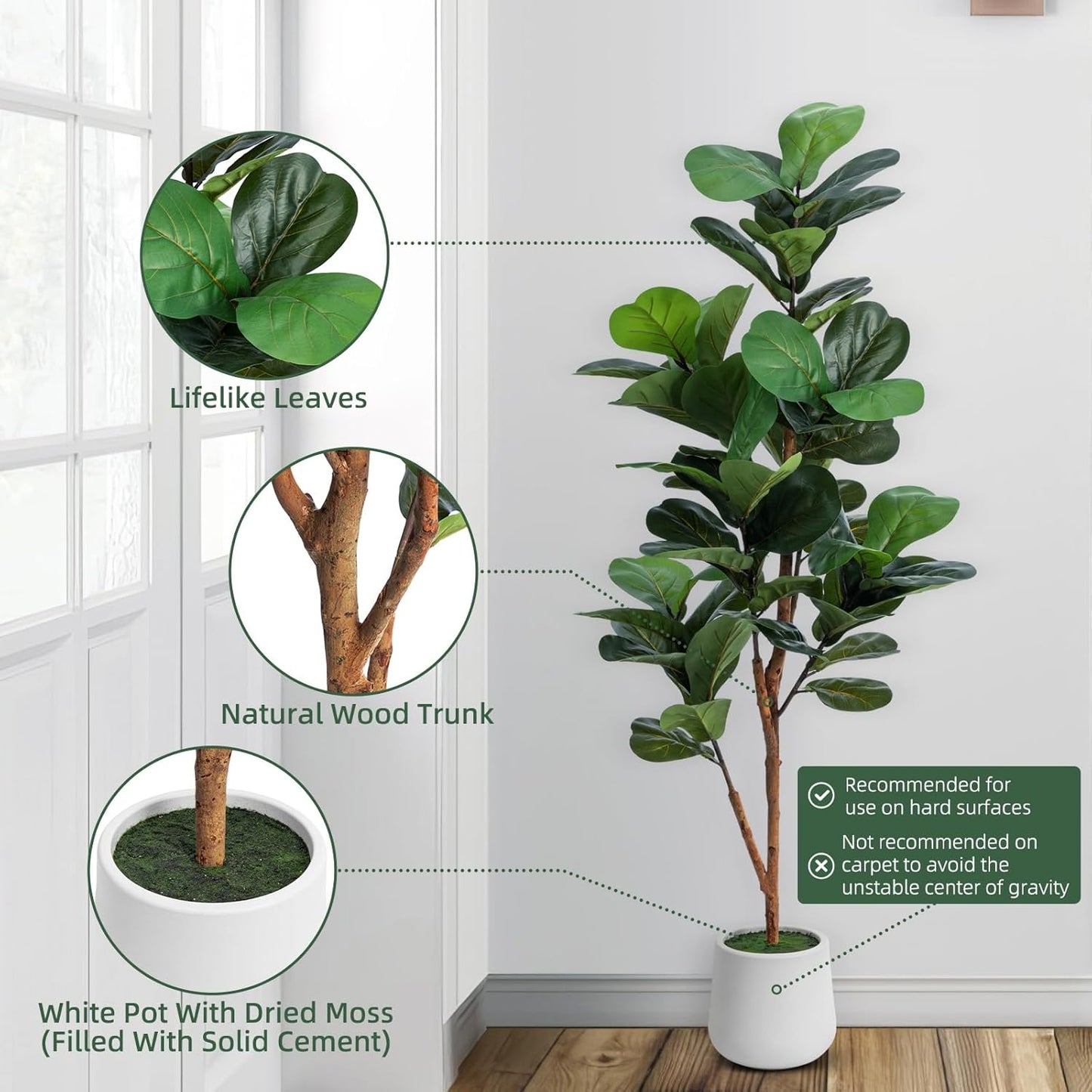 5ft Artificial Fiddle Leaf Fig Tree with LED Fairy Lights & White Planter - Lifelike Faux Ficus Lyrata Plant with Natural Trunk for Home Office Living Room Bathroom Corner Decor Indoor Outdoor