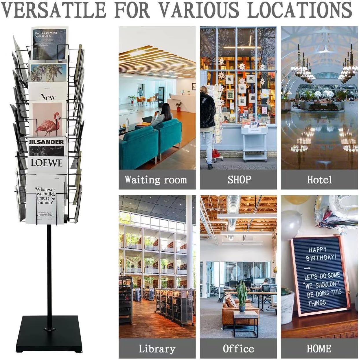 TONGMO 36-Pocket Rotating Magazine Rack Stand, Floor Spinner Display for Magazines, Comic Books, Brochures, A4 Organizer for Office, Bookstore, Home, Reception