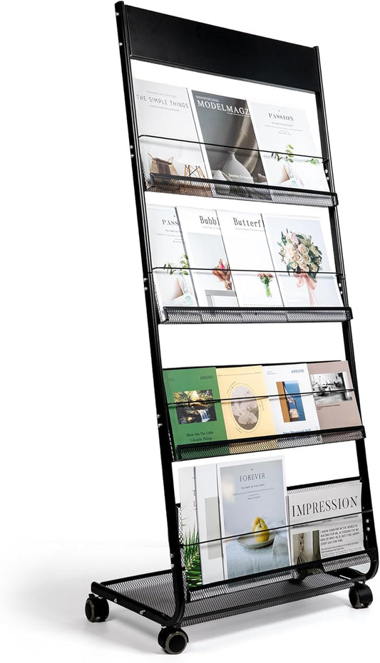 Floor Magazine Rack Brochure Display Stand 4-Layer With Wheels And Top Billboard, Newspaper Literature Holder High-Hardness Metal For Office Exhibitions, Black (57.5''*25''*13.2'')