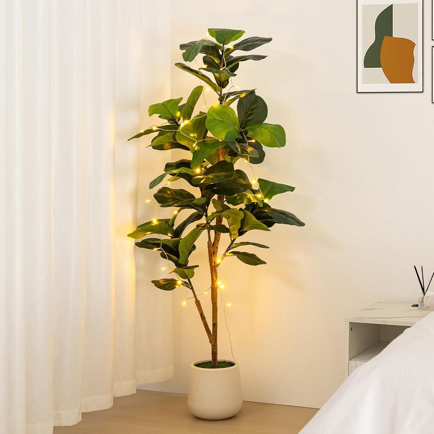 5ft Artificial Fiddle Leaf Fig Tree with LED Fairy Lights & White Planter - Lifelike Faux Ficus Lyrata Plant with Natural Trunk for Home Office Living Room Bathroom Corner Decor Indoor Outdoor