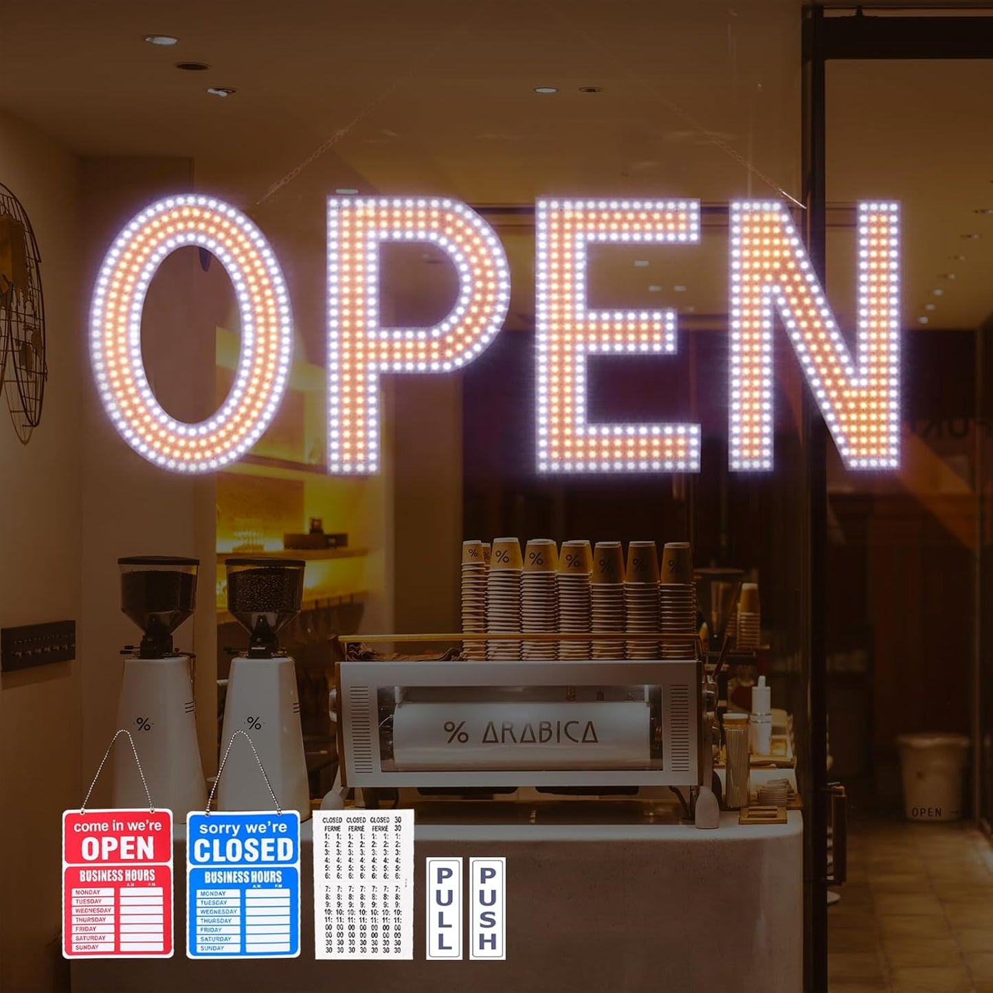LED Open Signs for Business, 30"L x 10"W Inch Large Led Open Sign with 3 Scene Modes, Ultra Bright Adjustable Light Up Open Sign Led for Storefront Window Glass Door Shop Store Bar Salon Cafes Restaurant (US Flag Design)