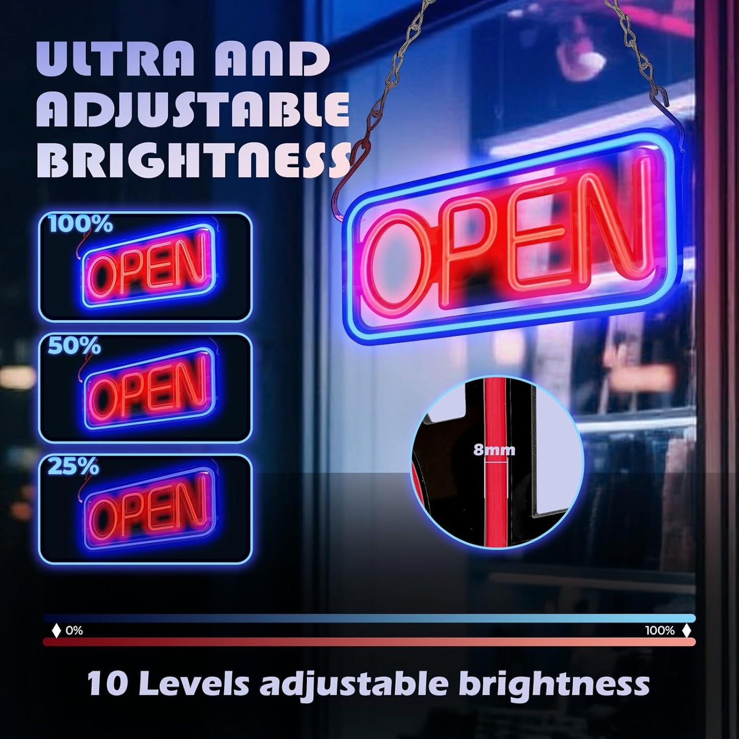 Open Signs for business, 24" x 12" Ultra Bright LED Open Sign, 10 Flashing Modes and 10 Adjustable Brightness Levels, Neon Open Sign with Remote and 12V Power Adaptor for Bar, Store, Salon
