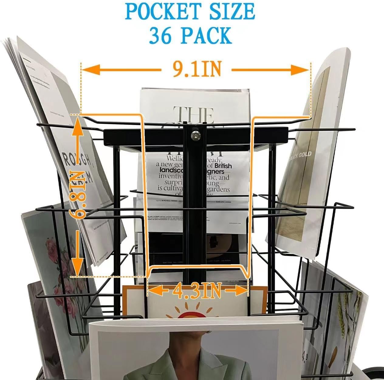 TONGMO 36-Pocket Rotating Magazine Rack Stand, Floor Spinner Display for Magazines, Comic Books, Brochures, A4 Organizer for Office, Bookstore, Home, Reception
