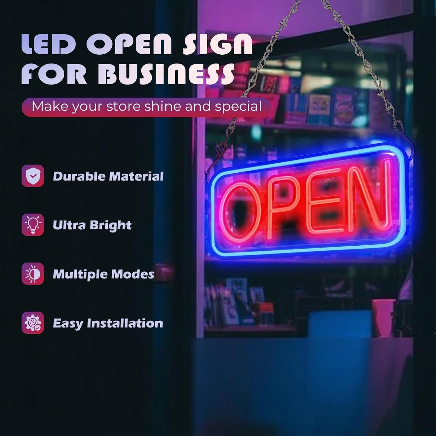 Open Signs for business, 24" x 12" Ultra Bright LED Open Sign, 10 Flashing Modes and 10 Adjustable Brightness Levels, Neon Open Sign with Remote and 12V Power Adaptor for Bar, Store, Salon