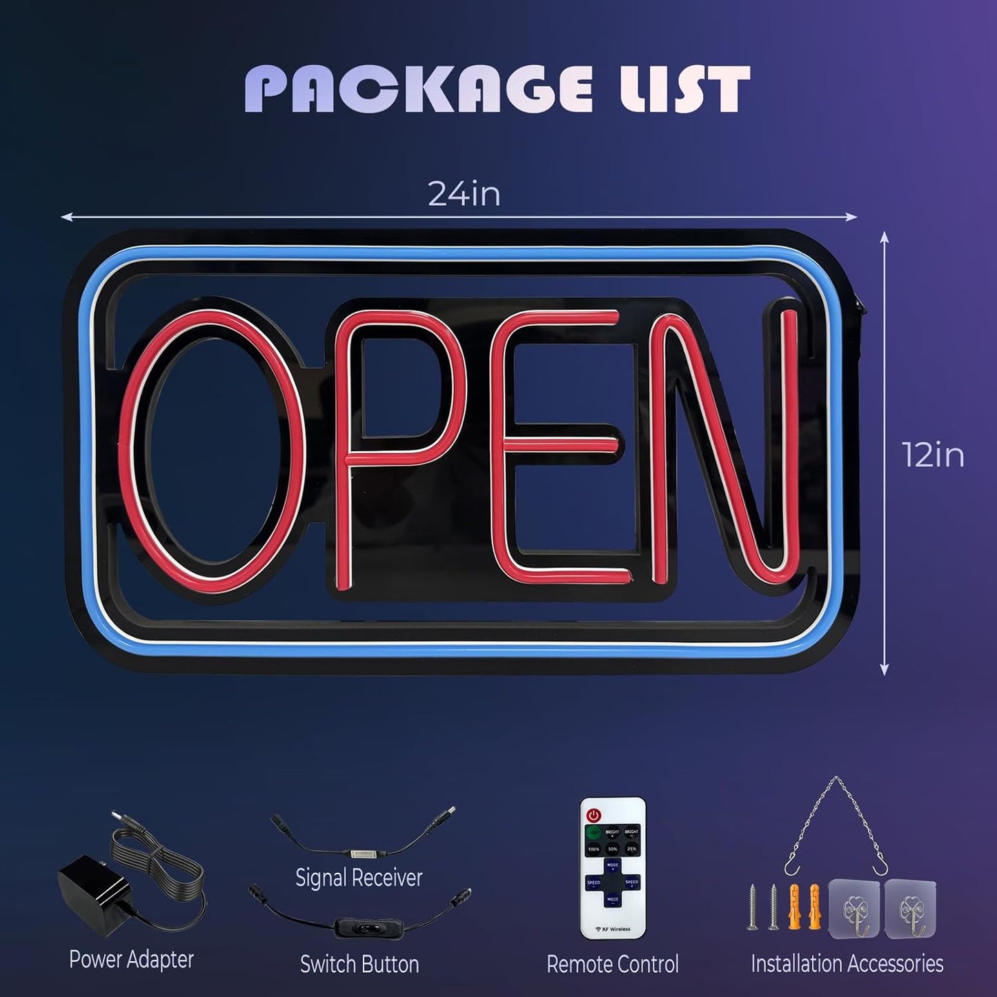 Open Signs for business, 24" x 12" Ultra Bright LED Open Sign, 10 Flashing Modes and 10 Adjustable Brightness Levels, Neon Open Sign with Remote and 12V Power Adaptor for Bar, Store, Salon