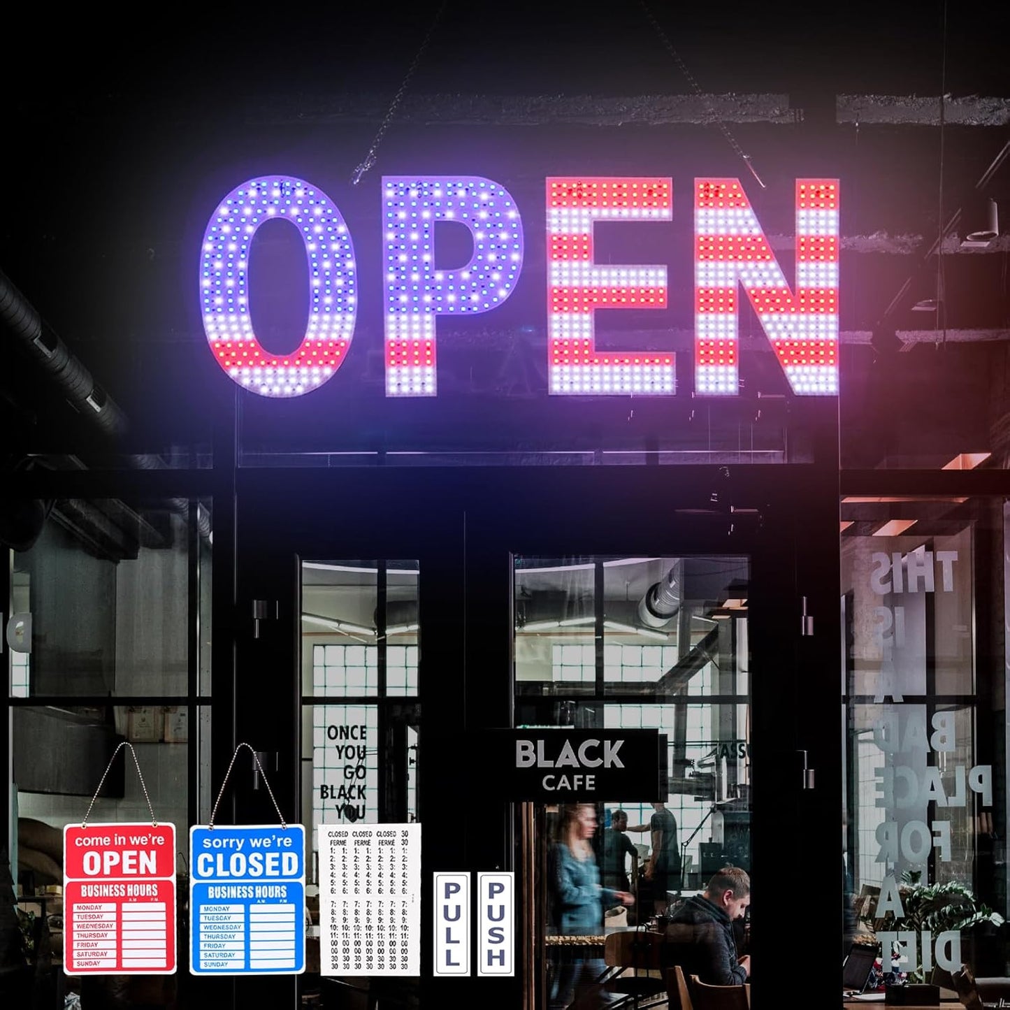 LED Open Signs for Business, 30"L x 10"W Inch Large Led Open Sign with 3 Scene Modes, Ultra Bright Adjustable Light Up Open Sign Led for Storefront Window Glass Door Shop Store Bar Salon Cafes Restaurant (US Flag Design)