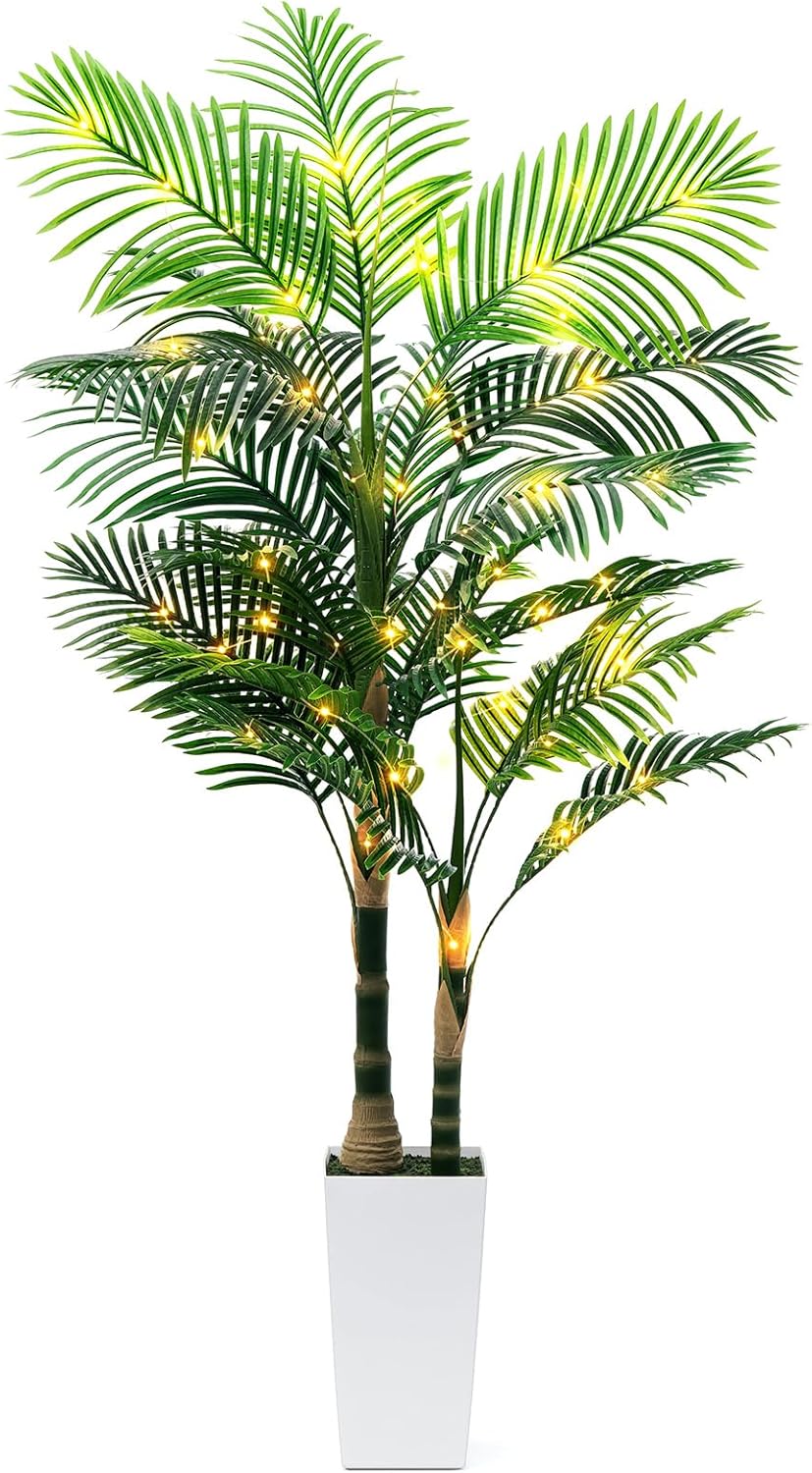 7ft Artificial Golden Cane Palm Tree with LED Fairy Lights & White Tall Planter-Lifelike Faux Tropical Palm with Realistic Trunk and Palm Leaves for Indoor Home Office Living Room Corner Decor