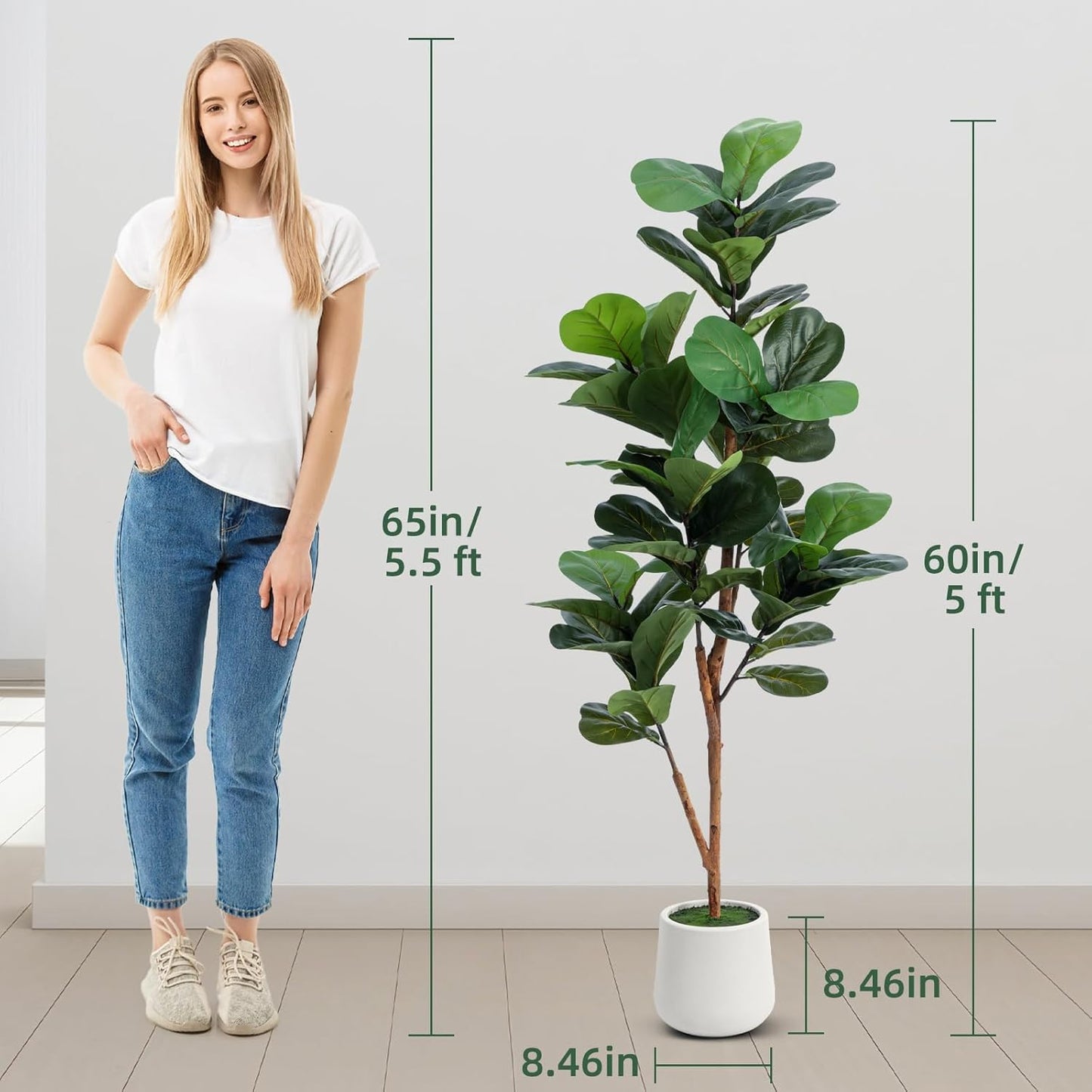 5ft Artificial Fiddle Leaf Fig Tree with LED Fairy Lights & White Planter - Lifelike Faux Ficus Lyrata Plant with Natural Trunk for Home Office Living Room Bathroom Corner Decor Indoor Outdoor