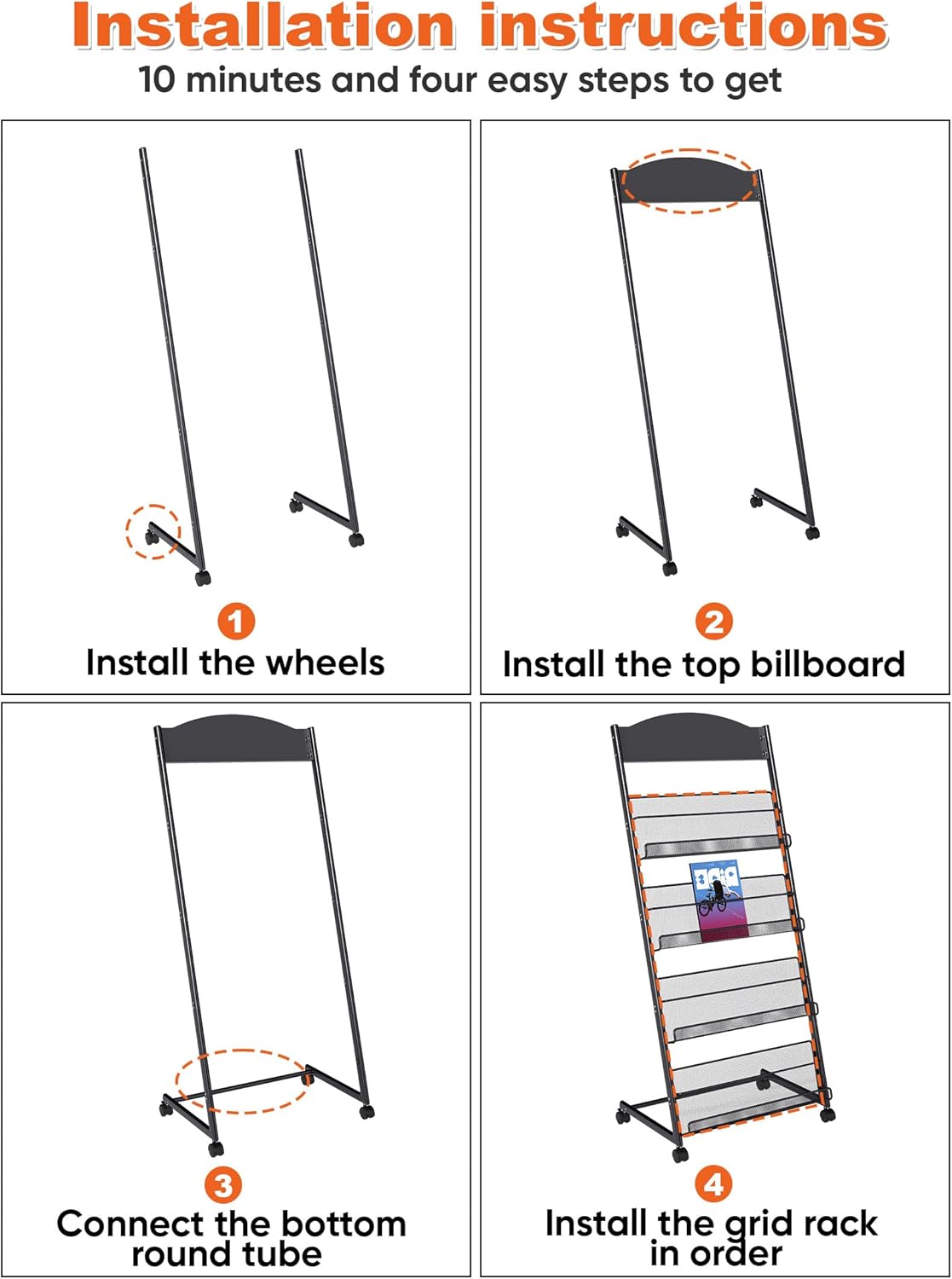 Baoz Magazine Rack Floor-Standing 4-Layer, Brochure Display Stand, Detachable Magazine Display with Wheels, High-hardness Metal Magazine Holder for Exhibitions, Office, Shopping Malls
