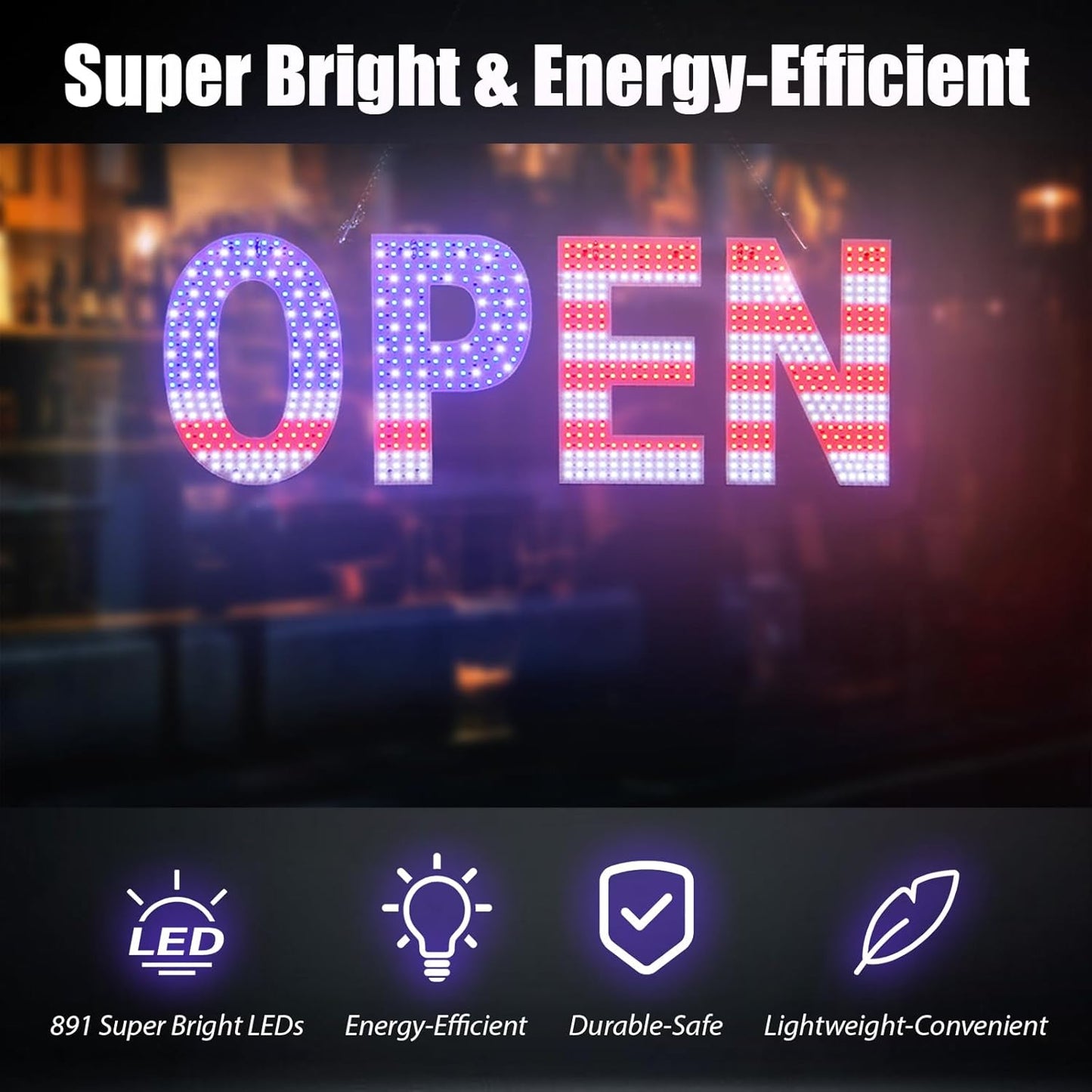 LED Open Signs for Business, 30"L x 10"W Inch Large Led Open Sign with 3 Scene Modes, Ultra Bright Adjustable Light Up Open Sign Led for Storefront Window Glass Door Shop Store Bar Salon Cafes Restaurant (US Flag Design)