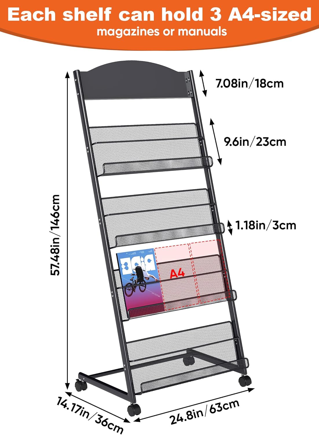 Baoz Magazine Rack Floor-Standing 4-Layer, Brochure Display Stand, Detachable Magazine Display with Wheels, High-hardness Metal Magazine Holder for Exhibitions, Office, Shopping Malls