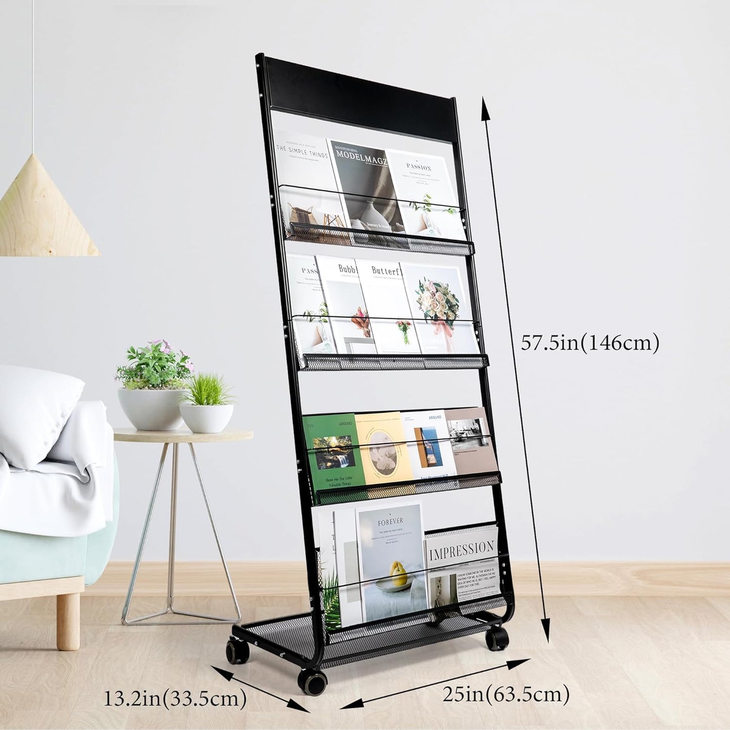 Floor Magazine Rack Brochure Display Stand 4-Layer With Wheels And Top Billboard, Newspaper Literature Holder High-Hardness Metal For Office Exhibitions, Black (57.5''*25''*13.2'')