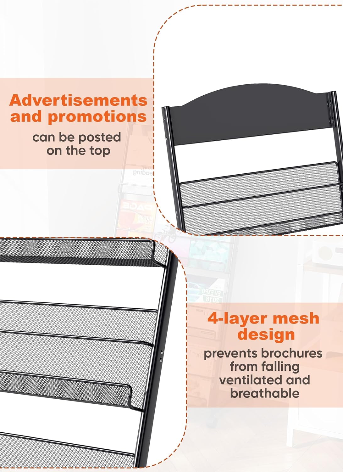 Baoz Magazine Rack Floor-Standing 4-Layer, Brochure Display Stand, Detachable Magazine Display with Wheels, High-hardness Metal Magazine Holder for Exhibitions, Office, Shopping Malls