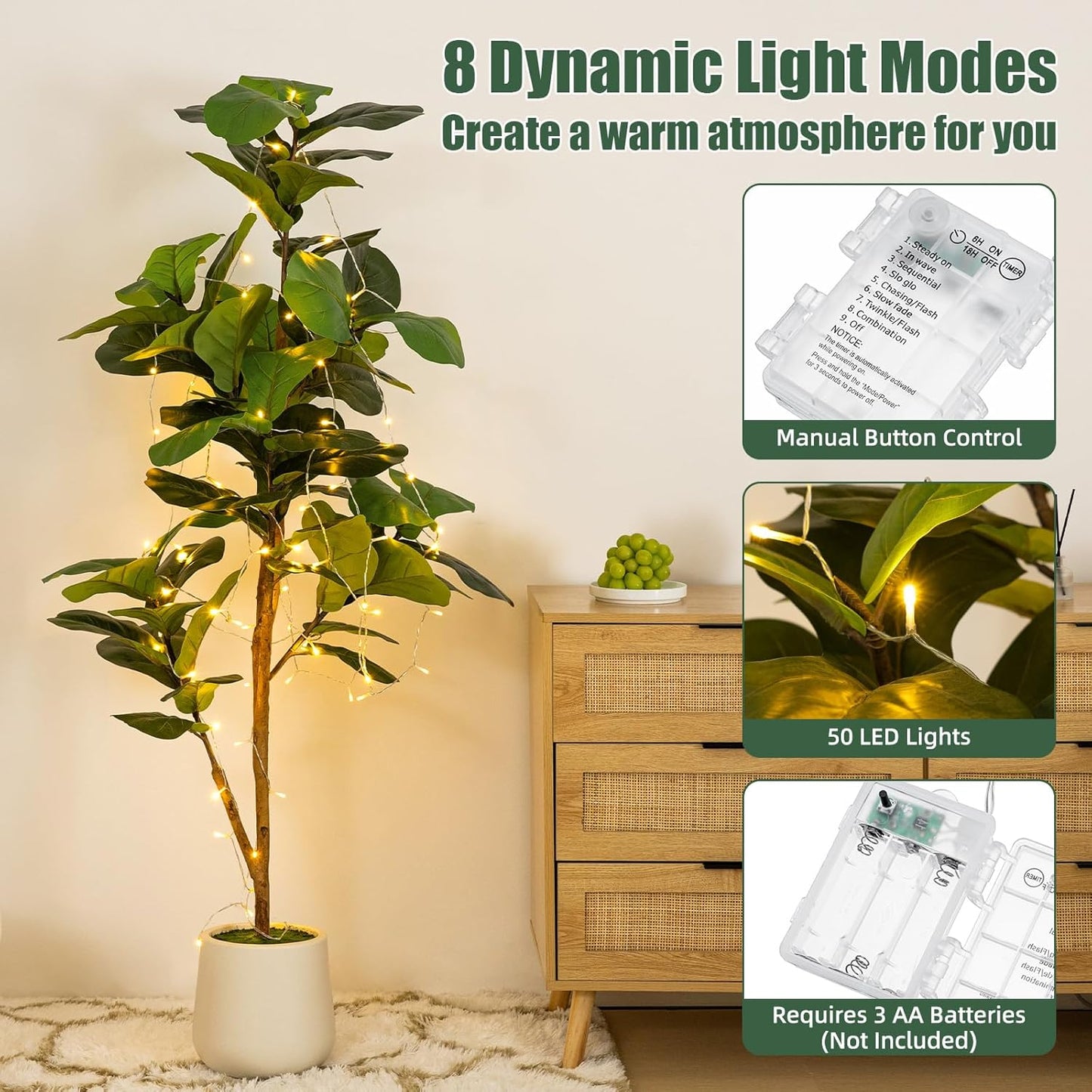 5ft Artificial Fiddle Leaf Fig Tree with LED Fairy Lights & White Planter - Lifelike Faux Ficus Lyrata Plant with Natural Trunk for Home Office Living Room Bathroom Corner Decor Indoor Outdoor