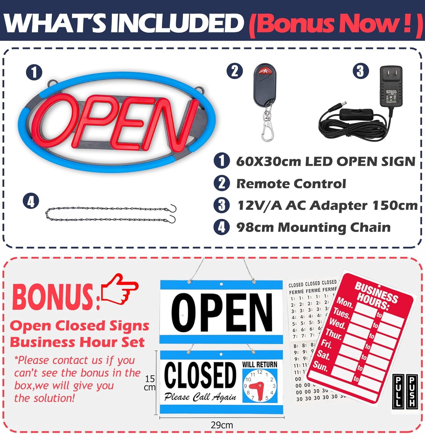 LED Open Sign,Bright Open Sign for Business Window with Remote Control,24x12 inch Large Size,Restaurant,Bar,Retail Shops,Window Storefronts,Salon,12V/2A Power Supply (Blue-Red)