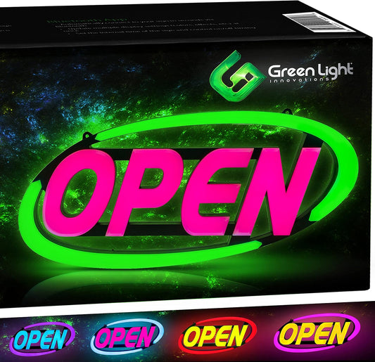 Super‑Bright LED Open Sign 15×32 in – Programmable with 64 Color Combos via App or Remote – Static, Scroll, Flash & Phase Modes – Daylight Visible Electric Sign