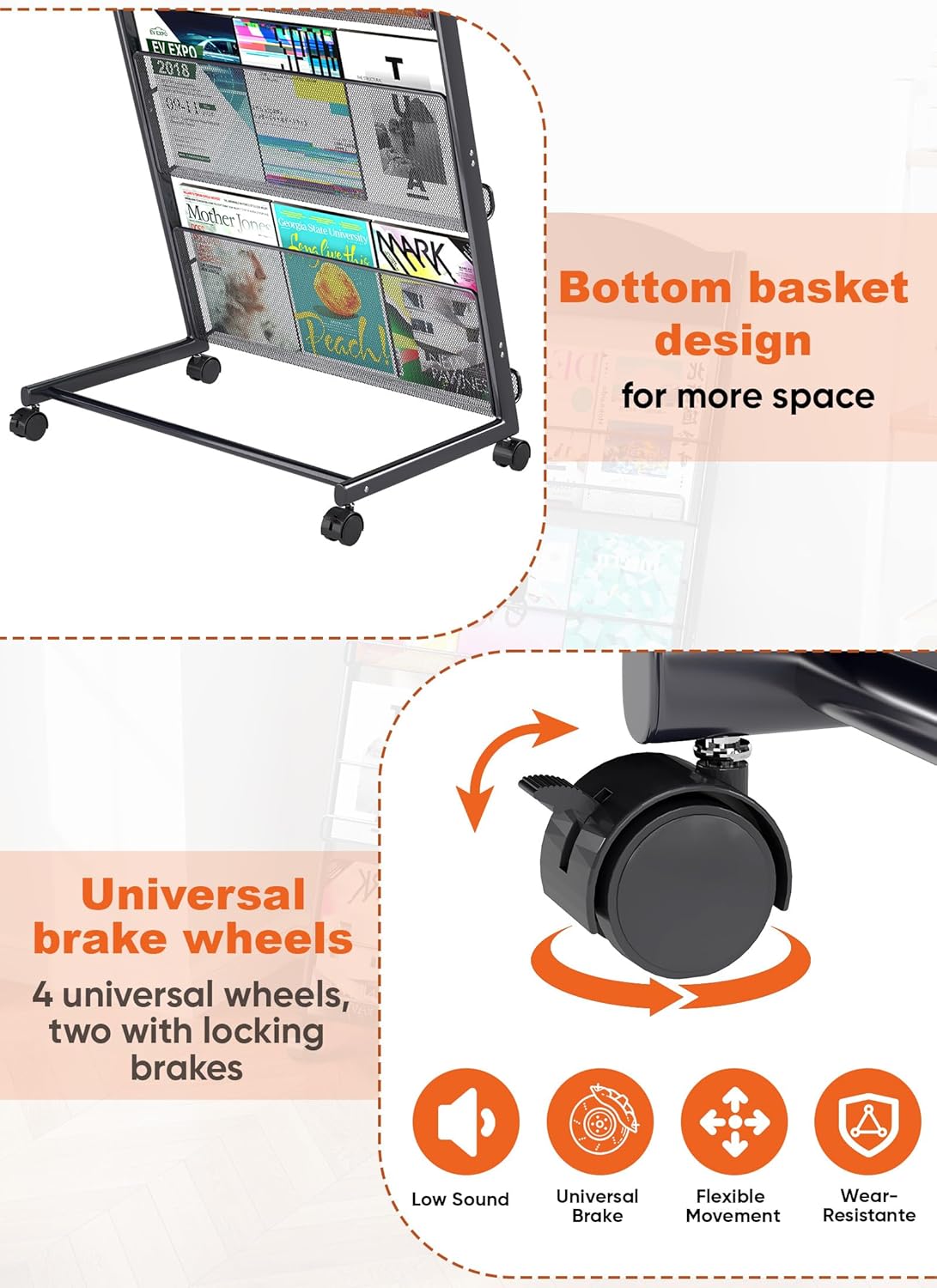 Baoz Magazine Rack Floor-Standing 4-Layer, Brochure Display Stand, Detachable Magazine Display with Wheels, High-hardness Metal Magazine Holder for Exhibitions, Office, Shopping Malls