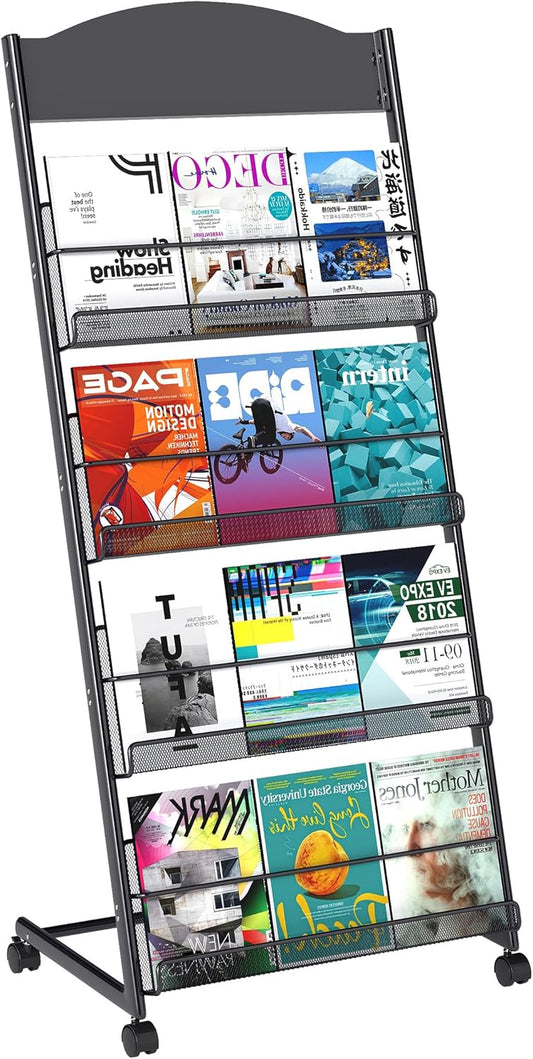 Baoz Magazine Rack Floor-Standing 4-Layer, Brochure Display Stand, Detachable Magazine Display with Wheels, High-hardness Metal Magazine Holder for Exhibitions, Office, Shopping Malls