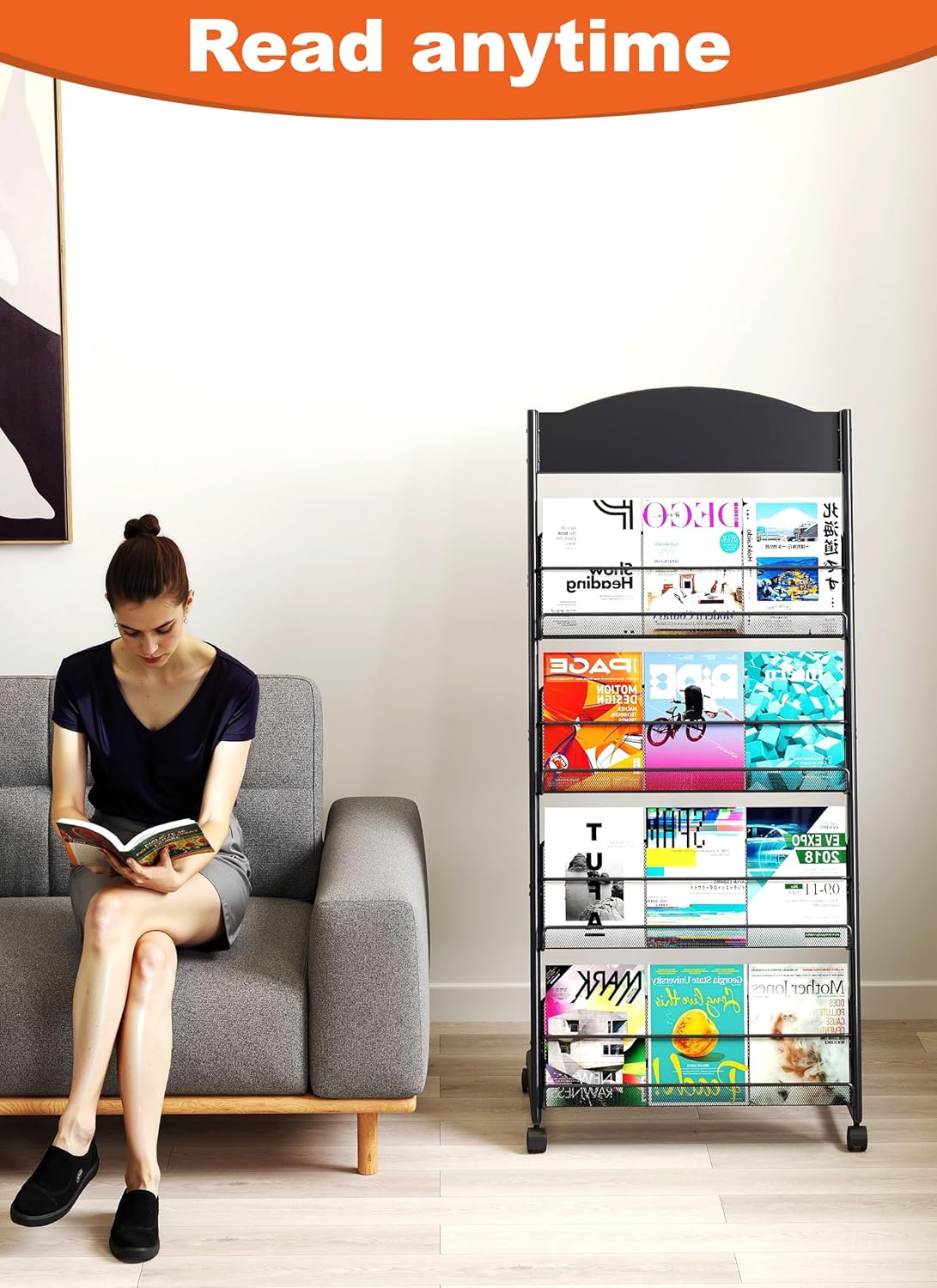 Baoz Magazine Rack Floor-Standing 4-Layer, Brochure Display Stand, Detachable Magazine Display with Wheels, High-hardness Metal Magazine Holder for Exhibitions, Office, Shopping Malls