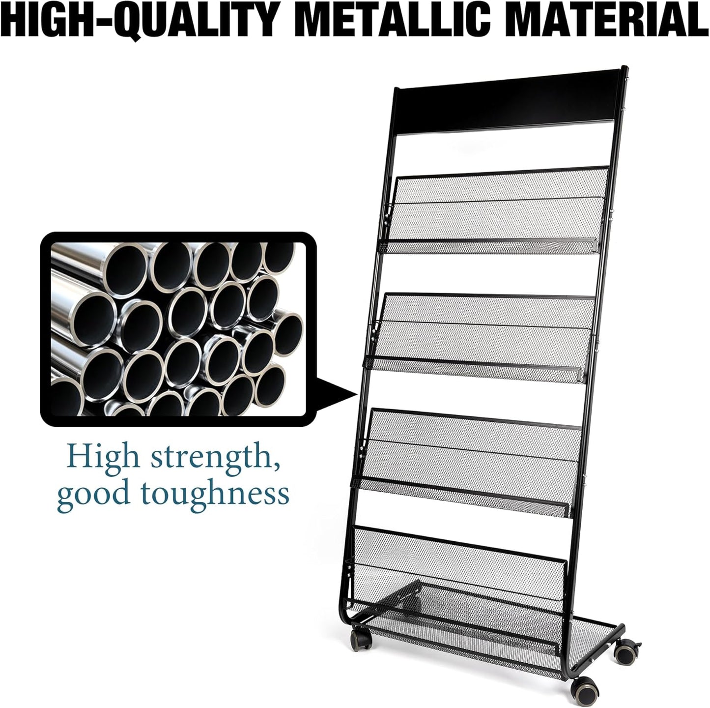 Floor Magazine Rack Brochure Display Stand 4-Layer With Wheels And Top Billboard, Newspaper Literature Holder High-Hardness Metal For Office Exhibitions, Black (57.5''*25''*13.2'')