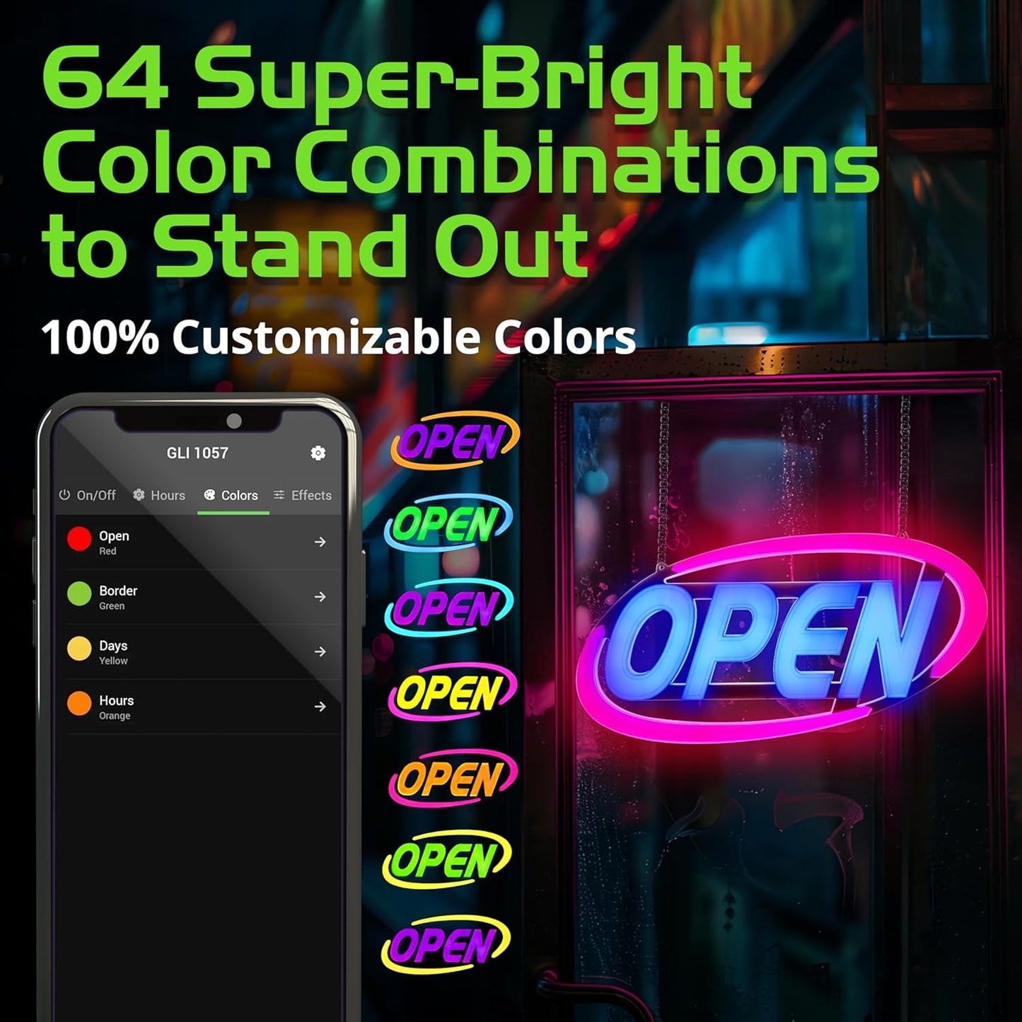 Super‑Bright LED Open Sign 15×32 in – Programmable with 64 Color Combos via App or Remote – Static, Scroll, Flash & Phase Modes – Daylight Visible Electric Sign