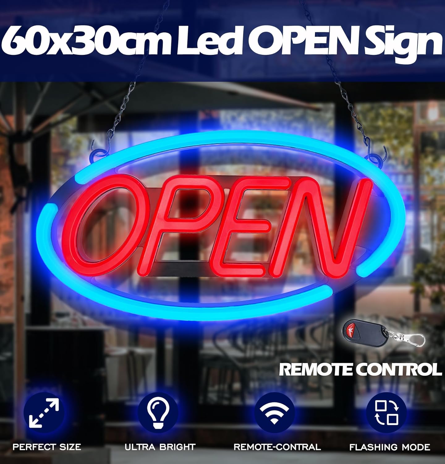 LED Open Sign,Bright Open Sign for Business Window with Remote Control,24x12 inch Large Size,Restaurant,Bar,Retail Shops,Window Storefronts,Salon,12V/2A Power Supply (Blue-Red)