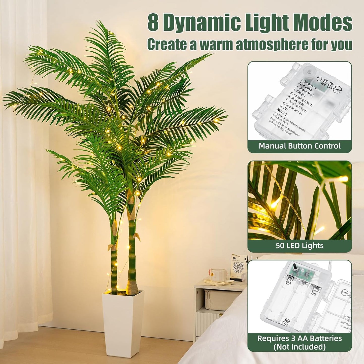 7ft Artificial Golden Cane Palm Tree with LED Fairy Lights & White Tall Planter-Lifelike Faux Tropical Palm with Realistic Trunk and Palm Leaves for Indoor Home Office Living Room Corner Decor