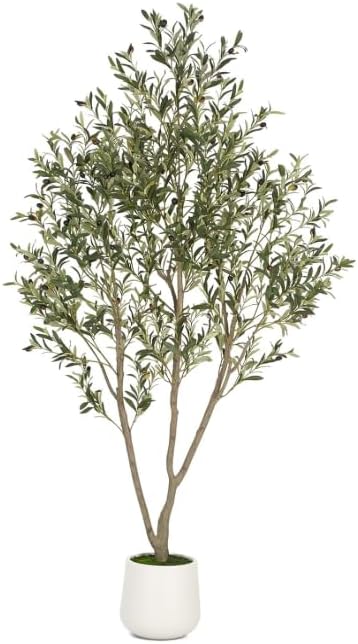 Olive Trees Artificial Indoor, 5FT Tall Faux Olive Tree with Lights Moss and Planter, Artificial Plants Indoor with Natural Wood Trunk and Lifelike Fruits, Fake Tree for Home Office Living Room Decor