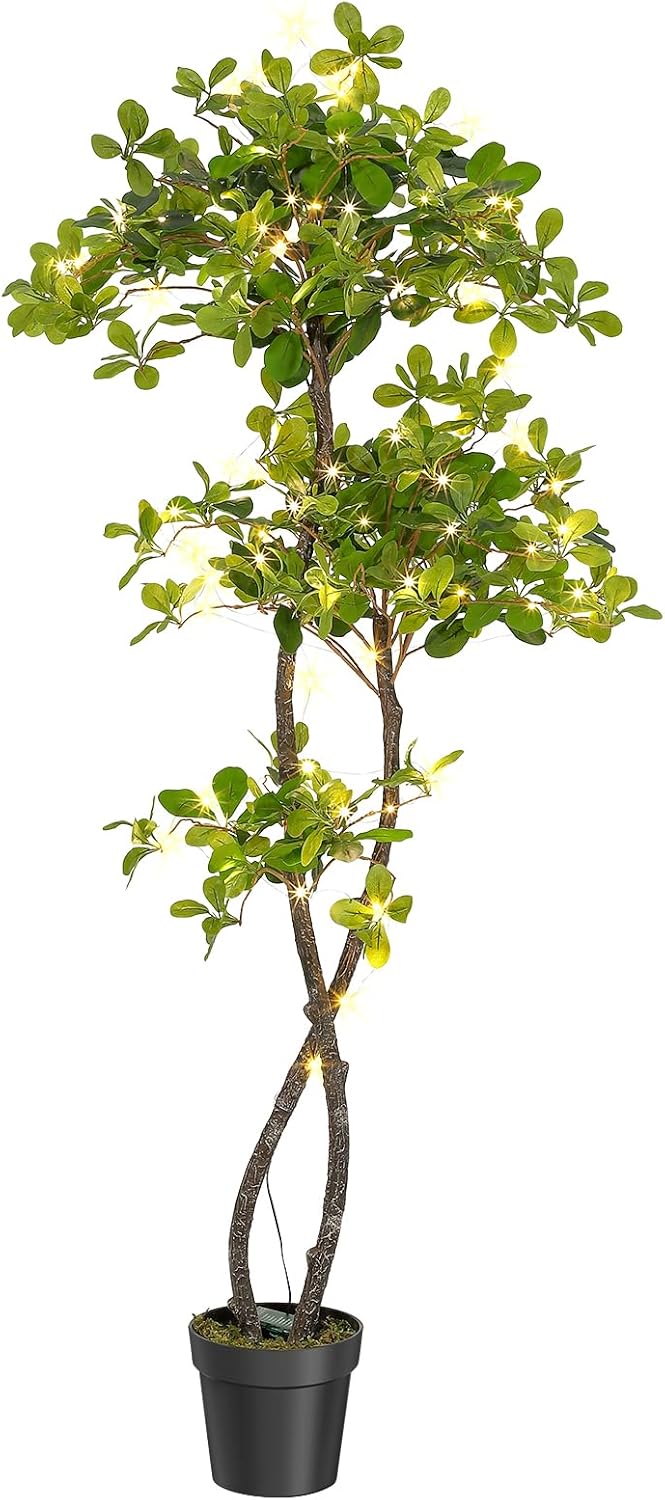 GarveeHome Artificial Plants Indoor, 5 ft Fake Black Olive Tree with 50 LED Lights Tall Fake Plants in Plastic Nursery Pot Fake Tree Artificial Trees for Home Decor Office Living Room