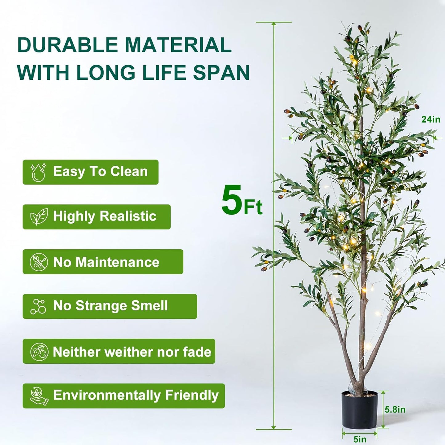 Olive Trees Artificial Indoor, 5FT Tall Faux Olive Tree with Lights Moss and Planter, Artificial Plants Indoor with Natural Wood Trunk and Lifelike Fruits, Fake Tree for Home Office Living Room Decor