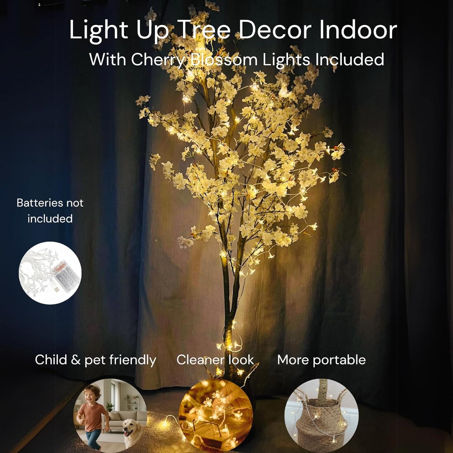 6ft Light Up Cherry Blossom Tree with Lights & Plant Basket, Tall Fake Tree, Artificial White Decorative Tree, Japandi Home Decor Living Room, Sakura Tree, Arbol De Cerezo Artificial Grande