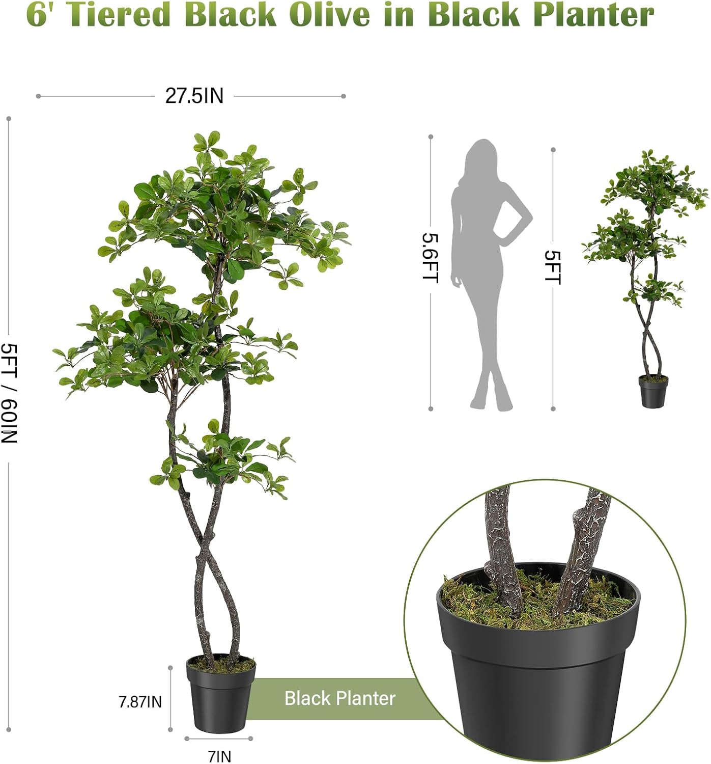 GarveeHome Artificial Plants Indoor, 5 ft Fake Black Olive Tree with 50 LED Lights Tall Fake Plants in Plastic Nursery Pot Fake Tree Artificial Trees for Home Decor Office Living Room
