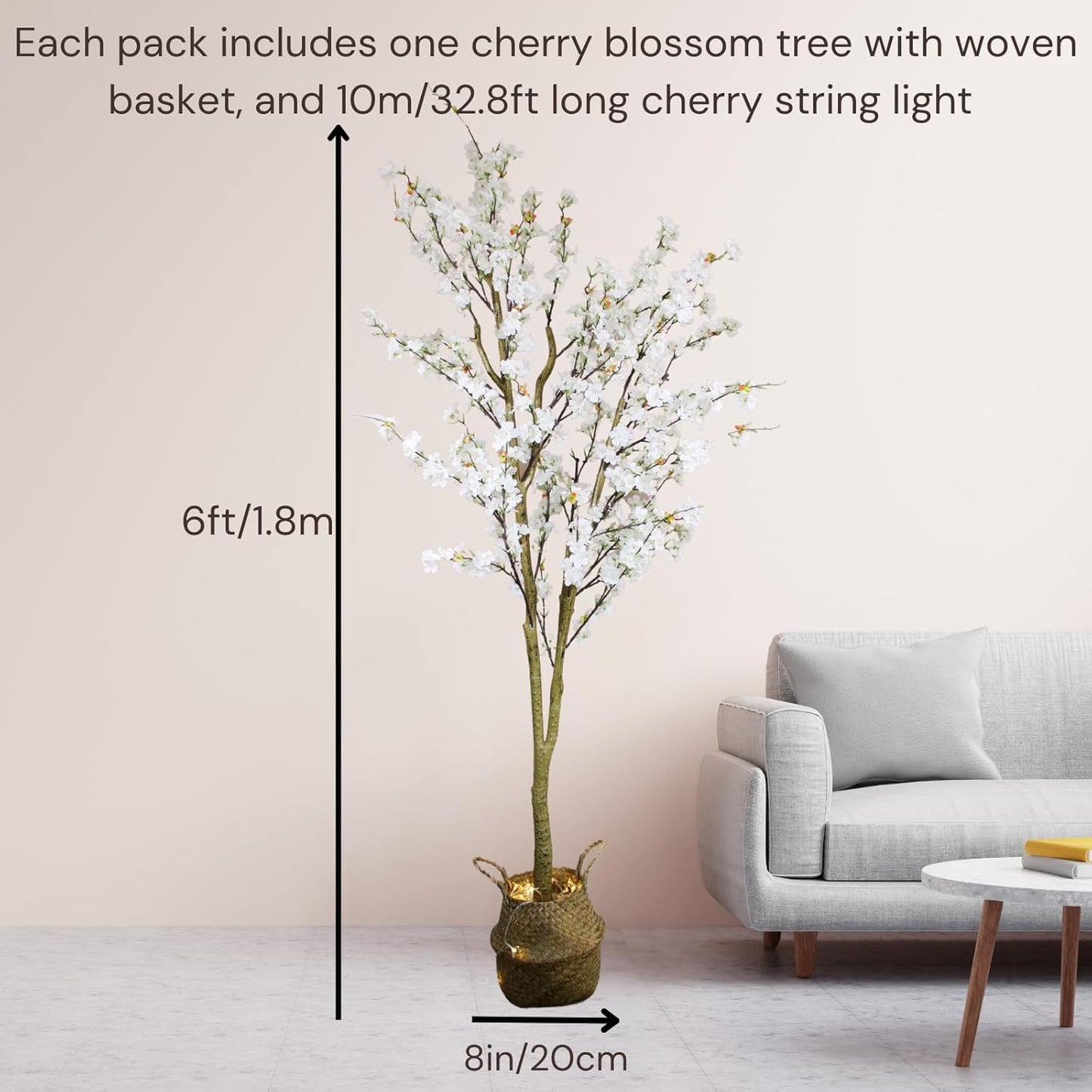 6ft Light Up Cherry Blossom Tree with Lights & Plant Basket, Tall Fake Tree, Artificial White Decorative Tree, Japandi Home Decor Living Room, Sakura Tree, Arbol De Cerezo Artificial Grande