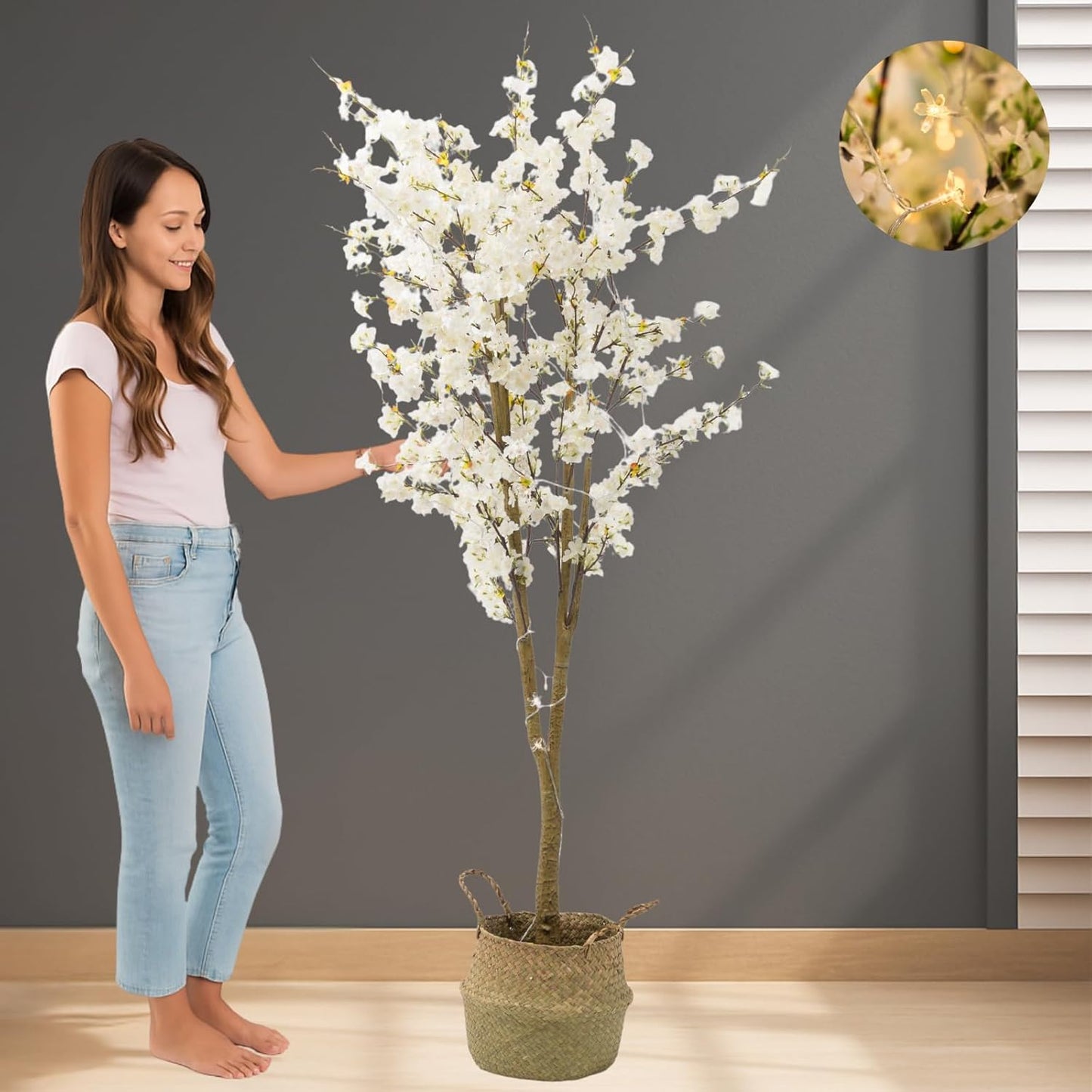 6ft Light Up Cherry Blossom Tree with Lights & Plant Basket, Tall Fake Tree, Artificial White Decorative Tree, Japandi Home Decor Living Room, Sakura Tree, Arbol De Cerezo Artificial Grande