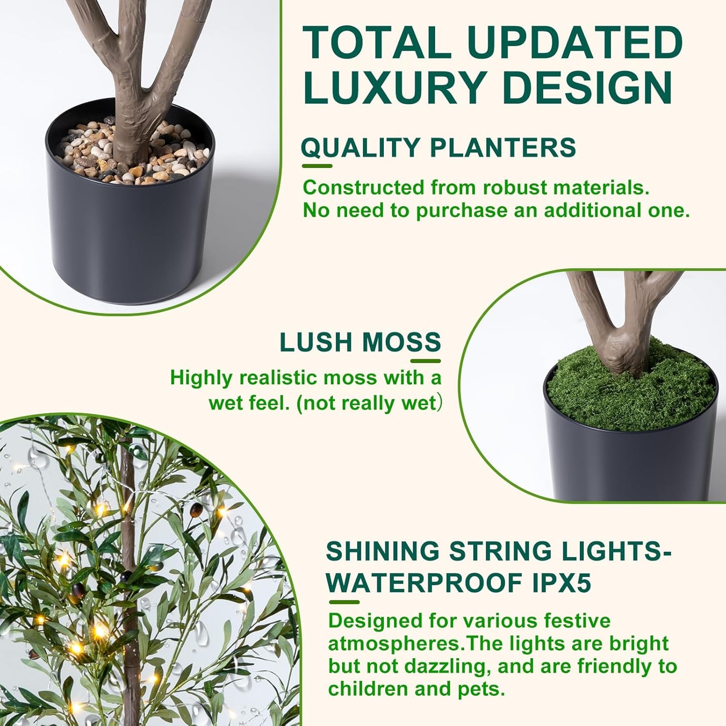 Olive Trees Artificial Indoor, 5FT Tall Faux Olive Tree with Lights Moss and Planter, Artificial Plants Indoor with Natural Wood Trunk and Lifelike Fruits, Fake Tree for Home Office Living Room Decor