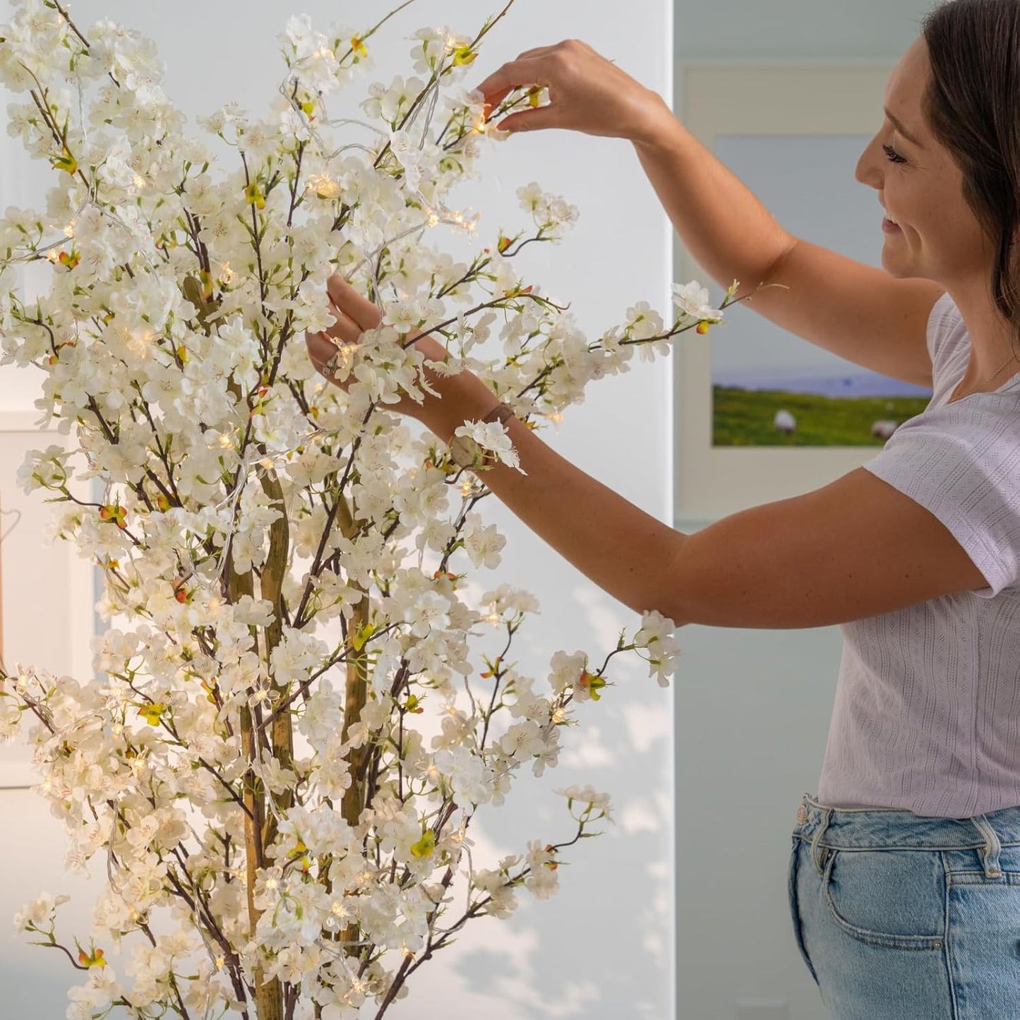 6ft Light Up Cherry Blossom Tree with Lights & Plant Basket, Tall Fake Tree, Artificial White Decorative Tree, Japandi Home Decor Living Room, Sakura Tree, Arbol De Cerezo Artificial Grande