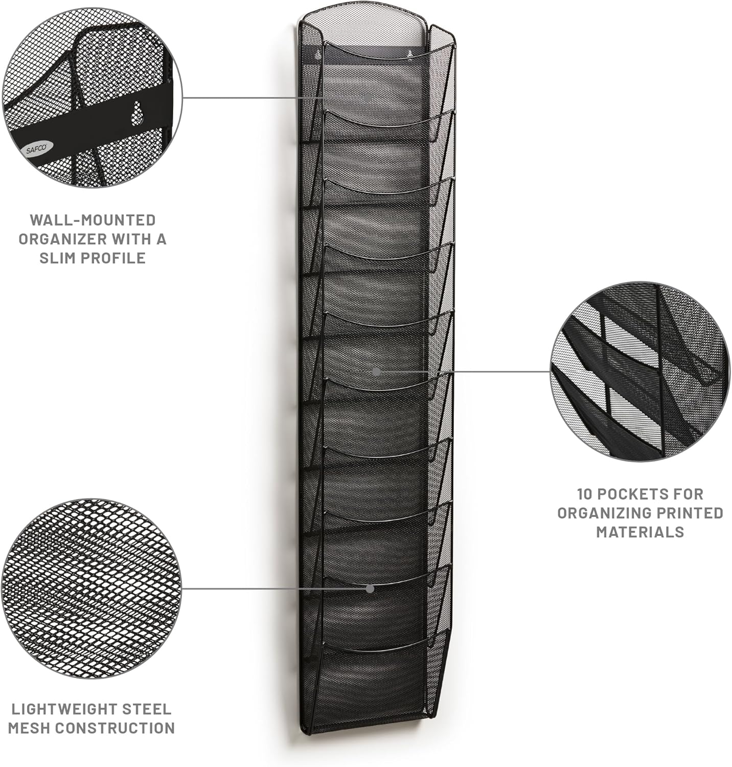 Safco Onyx Mesh Magazine Holder, Display Rack with 10 Pockets, Brochure Organizer, Commercial-Grade Steel Construction, Black