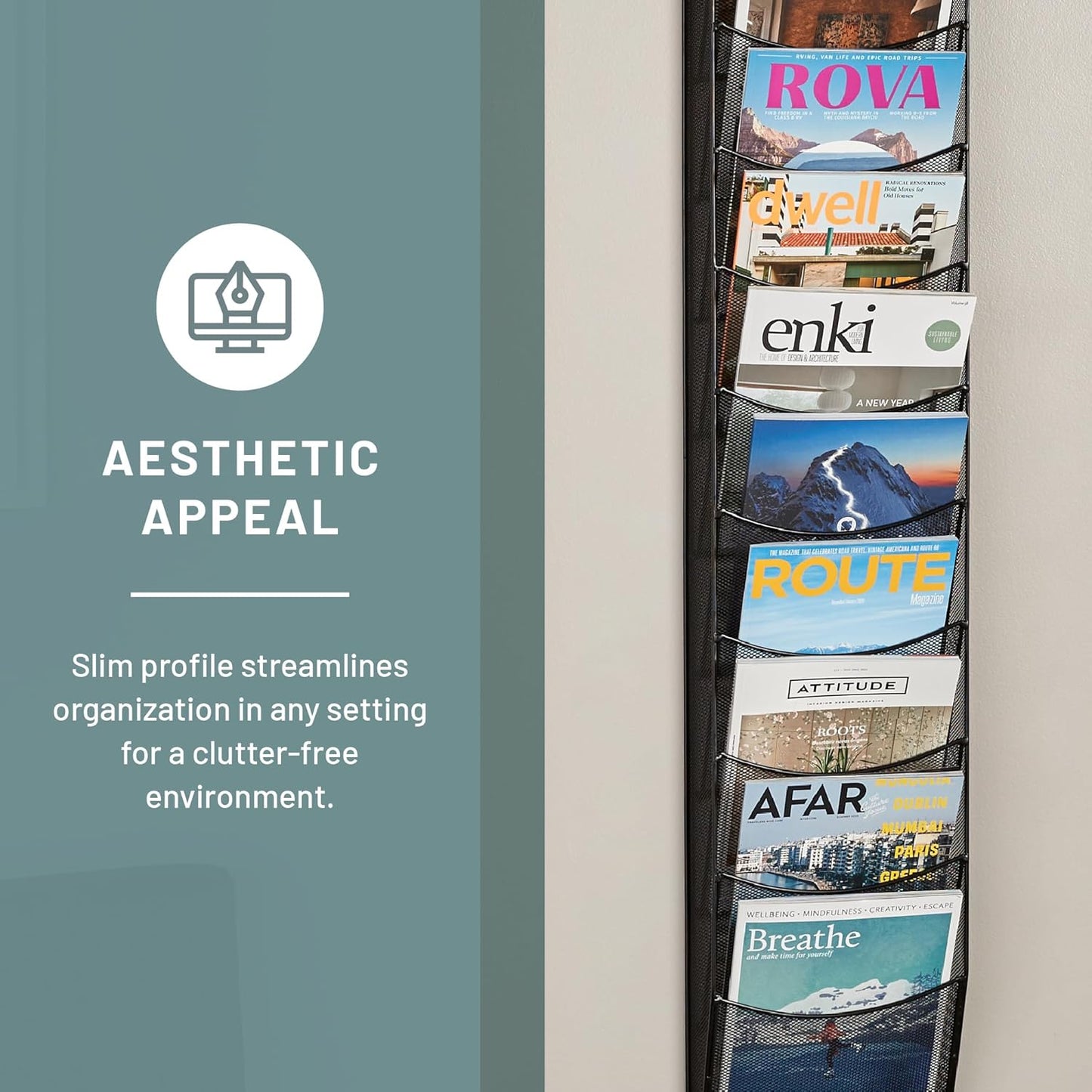 Safco Onyx Mesh Magazine Holder, Display Rack with 10 Pockets, Brochure Organizer, Commercial-Grade Steel Construction, Black