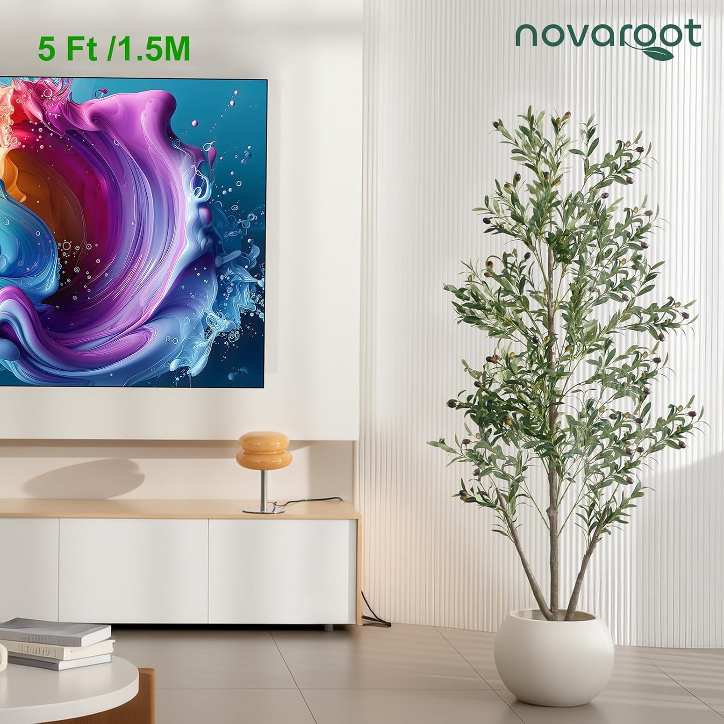 Olive Trees Artificial Indoor, 5FT Tall Faux Olive Tree with Lights Moss and Planter, Artificial Plants Indoor with Natural Wood Trunk and Lifelike Fruits, Fake Tree for Home Office Living Room Decor