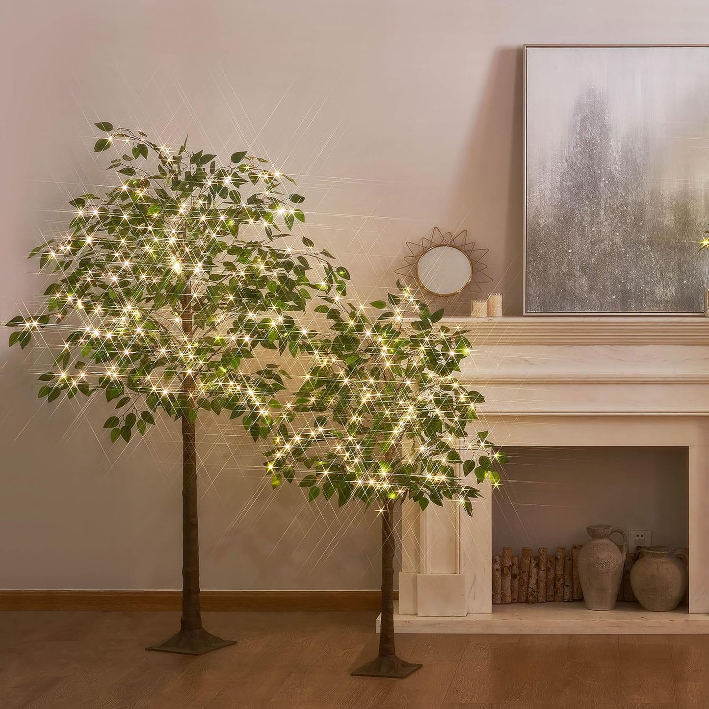 Hairui Artificial Ficus Silk Tree Lights 6FT 264LED Fairy Lights, Faux Plant Tree with Lights for Home Room Spring Summer Decoration Indoor